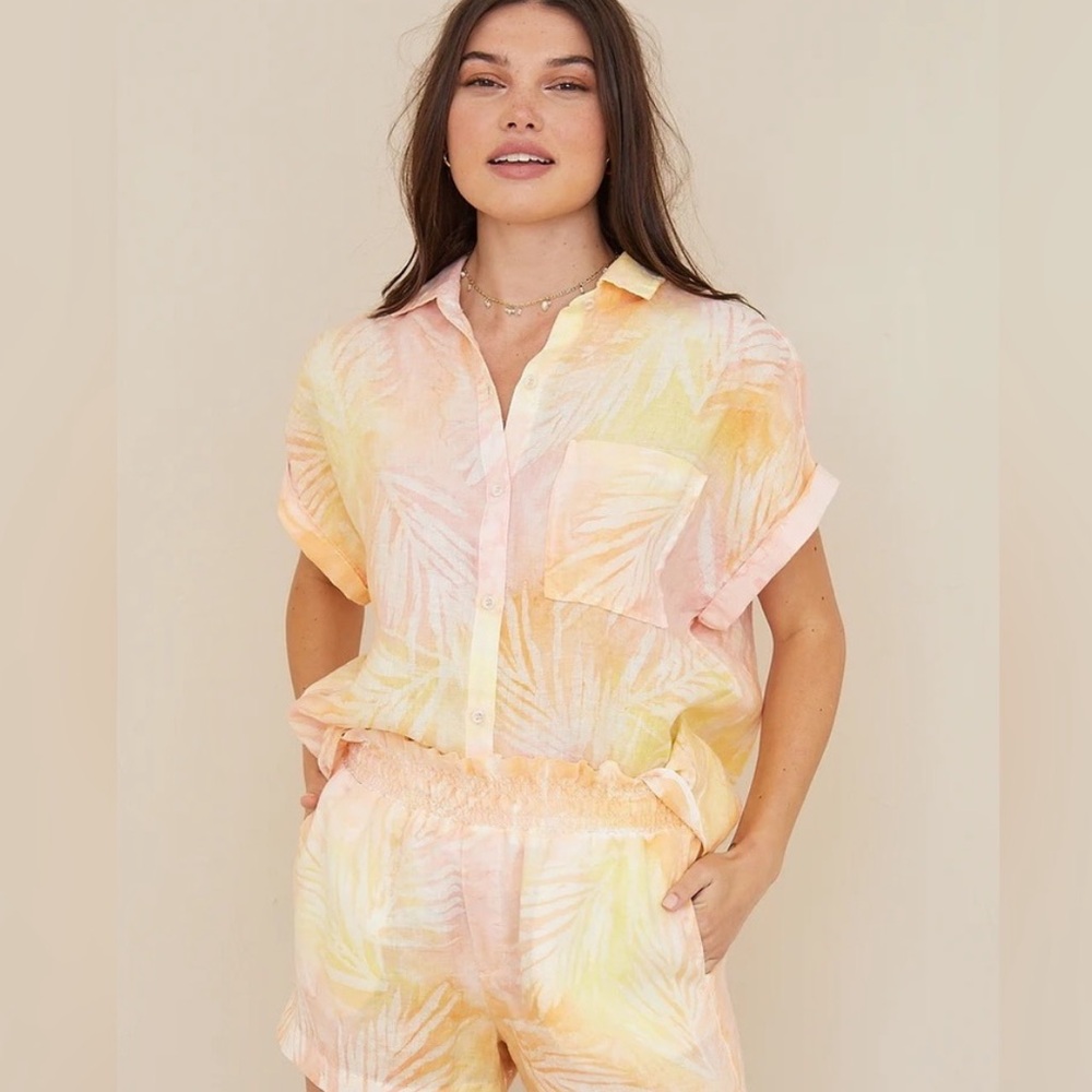 NWT BELLA DAHL SUNSET PALM LINEN SHORT SLEEVE BUTTON DOWN SHIRT XS